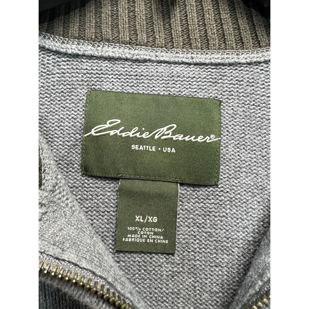 Eddie Bauer Men's XL Cotton Quarter Zip Pullover Gray Rib Knit Sweater